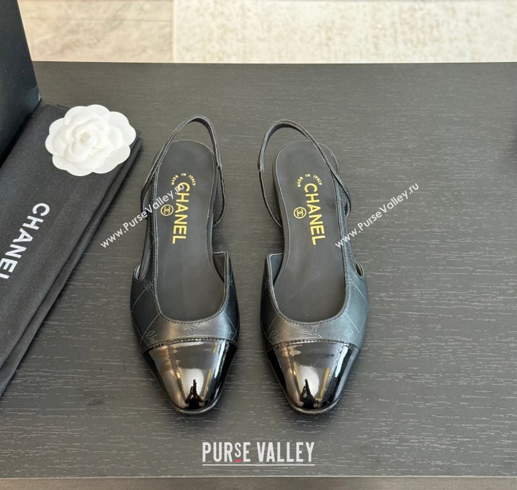 Chanel Printed Quilted Lambskin Patent Calfskin Slingbacks Flat Black 2024 G31319 (KL-241121084)