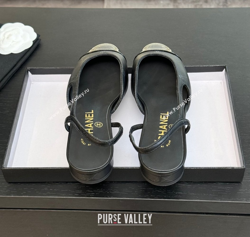 Chanel Printed Quilted Lambskin Patent Calfskin Slingbacks Flat Black 2024 G31319 (KL-241121084)