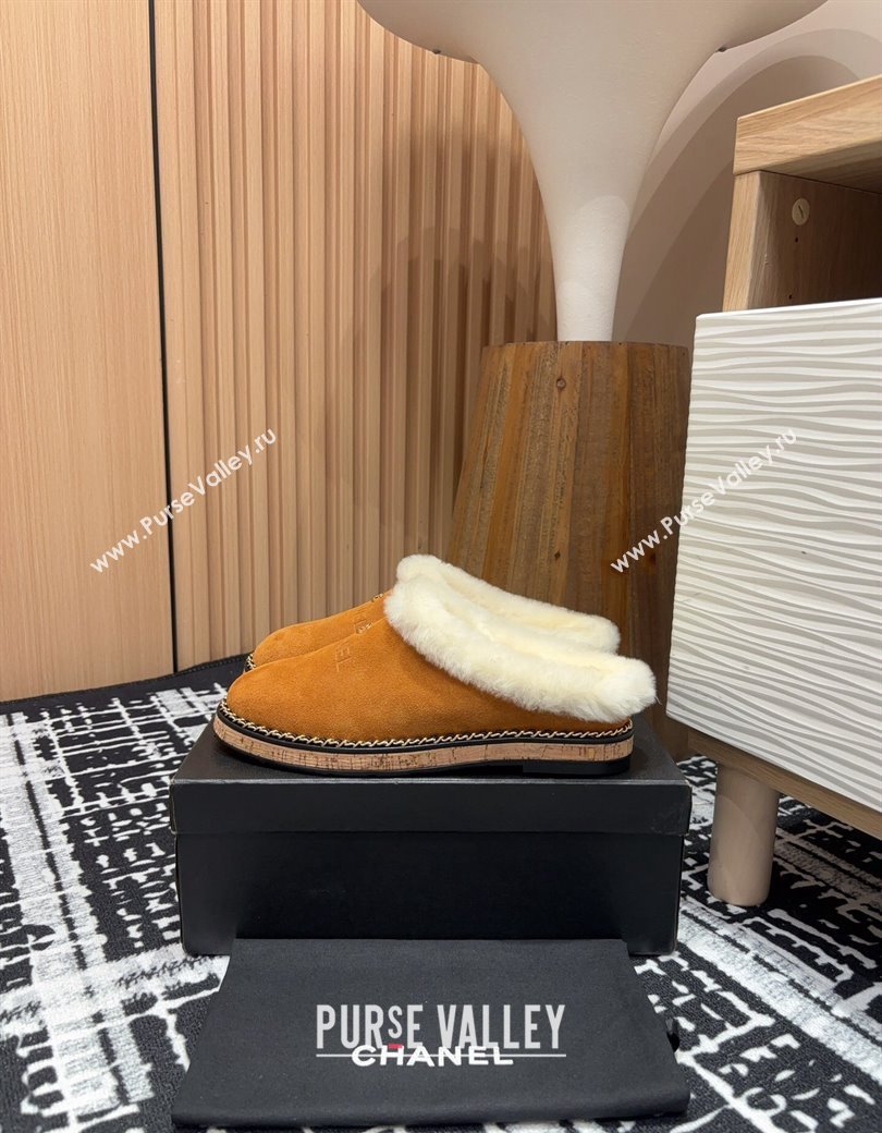 Chanel Suede and Wool Flat Mules with Chain Brown 2024 CH112113 (KL-241121085)