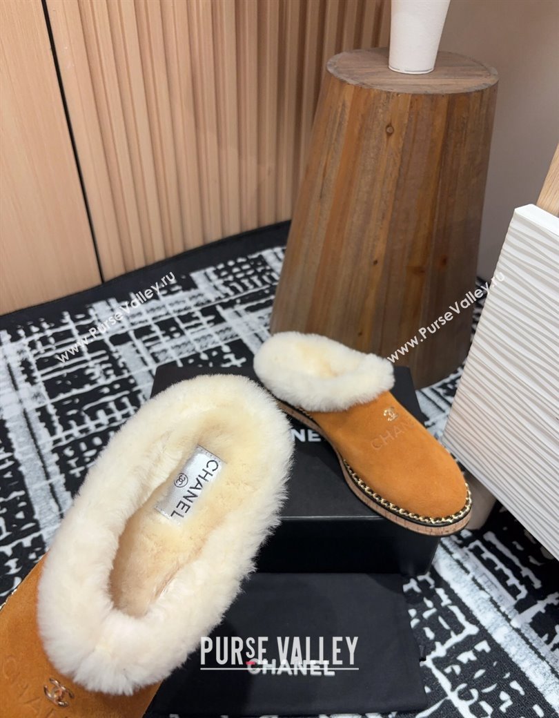 Chanel Suede and Wool Flat Mules with Chain Brown 2024 CH112113 (KL-241121085)