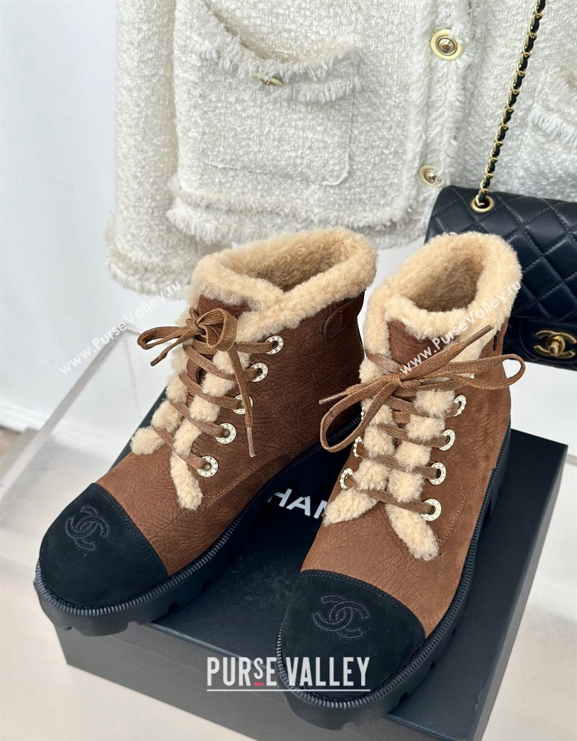 Chanel Calfskin Wool Laced-up Ankle Boots Brown 2024 CH112011 (KL-241120145)