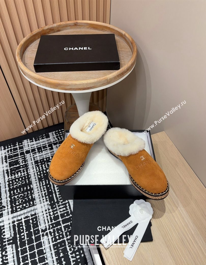 Chanel Suede and Wool Flat Mules with Chain Brown 2024 CH112113 (KL-241121085)