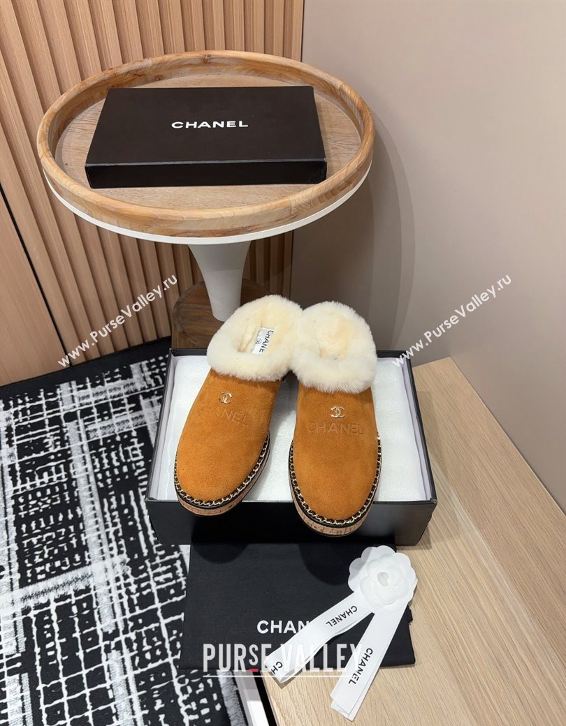 Chanel Suede and Wool Flat Mules with Chain Brown 2024 CH112113 (KL-241121085)