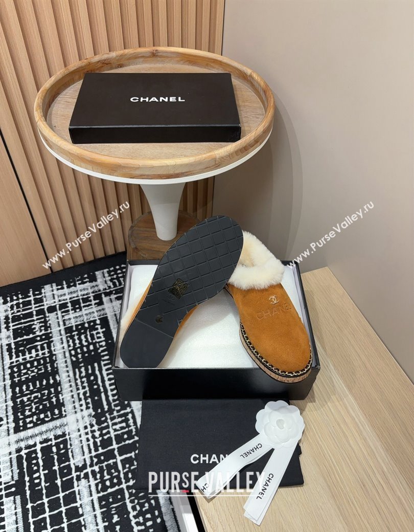 Chanel Suede and Wool Flat Mules with Chain Brown 2024 CH112113 (KL-241121085)