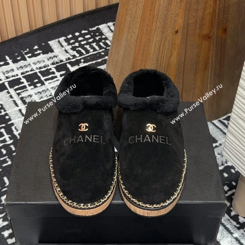 Chanel Suede and Wool Flat Mules with Chain Black 2024 CH112113 (KL-241121086)