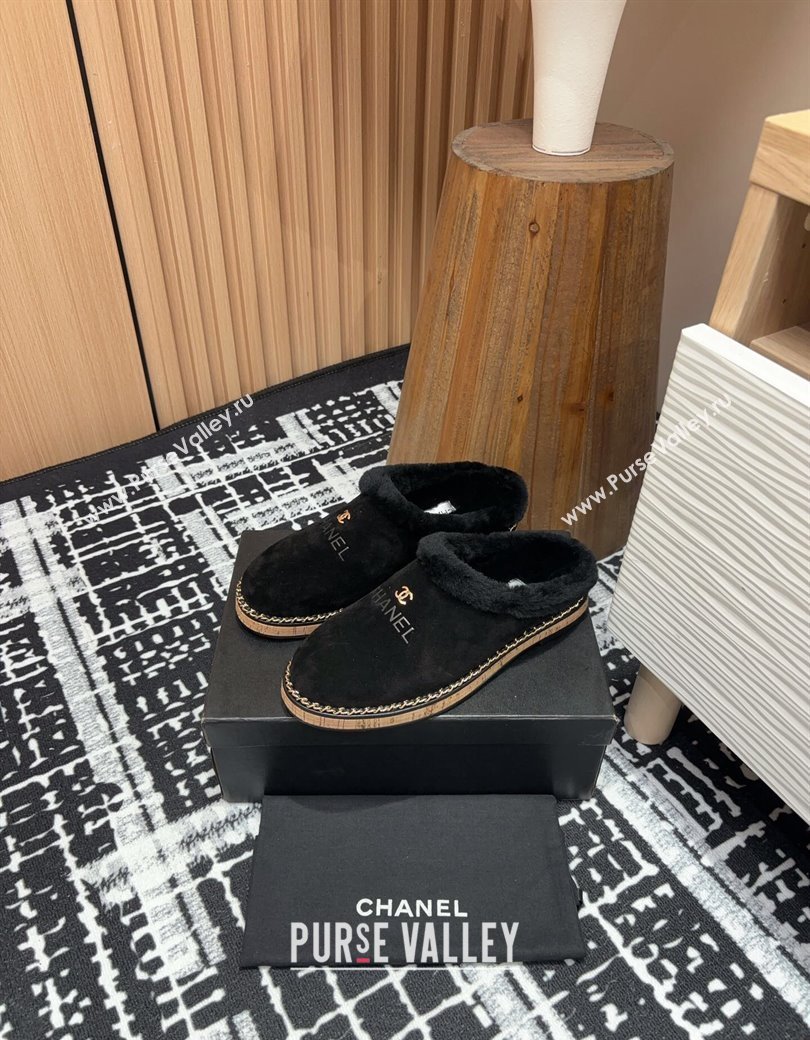 Chanel Suede and Wool Flat Mules with Chain Black 2024 CH112113 (KL-241121086)