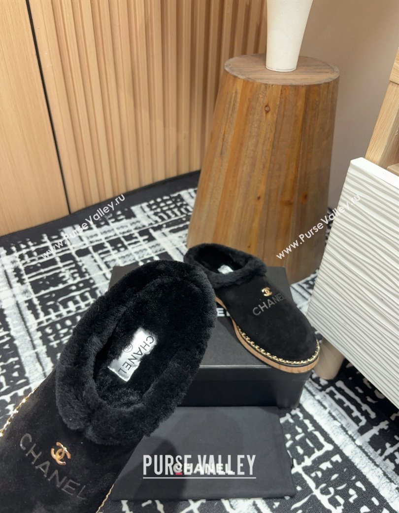 Chanel Suede and Wool Flat Mules with Chain Black 2024 CH112113 (KL-241121086)