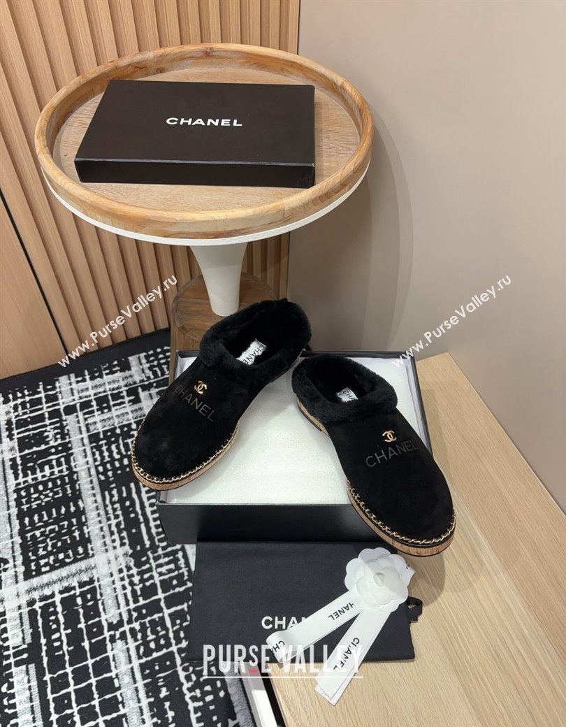 Chanel Suede and Wool Flat Mules with Chain Black 2024 CH112113 (KL-241121086)