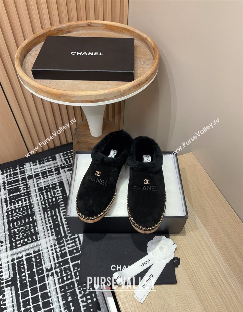 Chanel Suede and Wool Flat Mules with Chain Black 2024 CH112113 (KL-241121086)