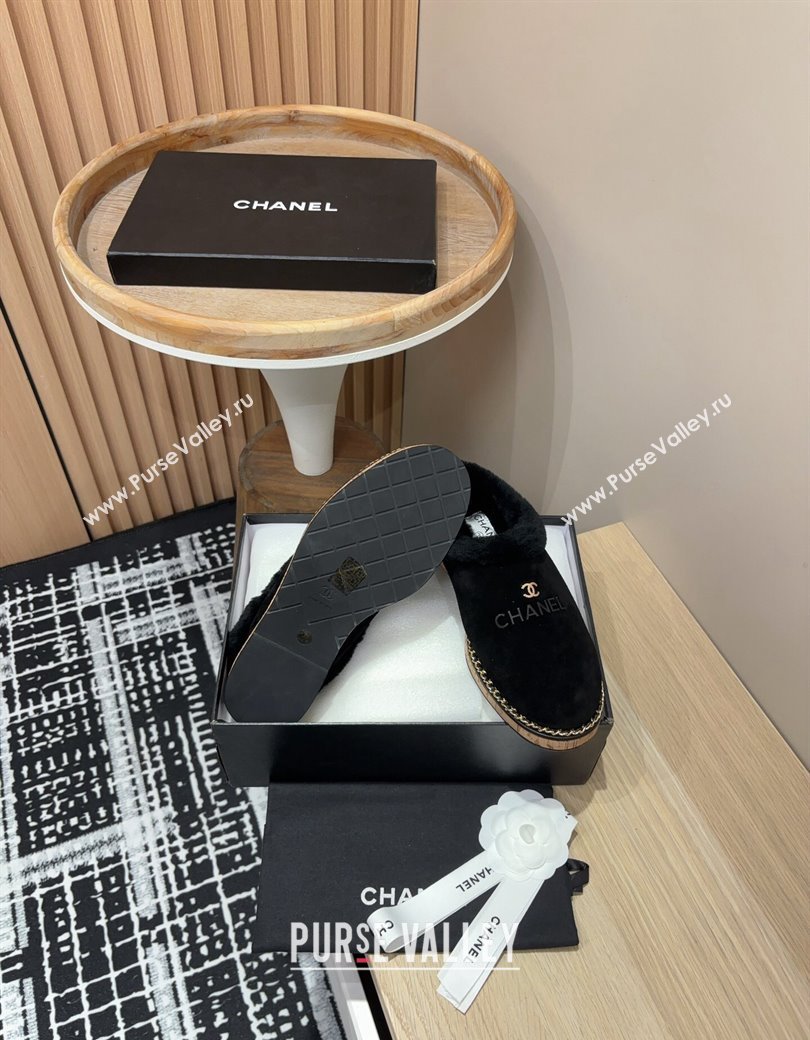 Chanel Suede and Wool Flat Mules with Chain Black 2024 CH112113 (KL-241121086)