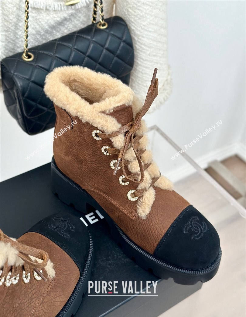 Chanel Calfskin Wool Laced-up Ankle Boots Brown 2024 CH112011 (KL-241120145)