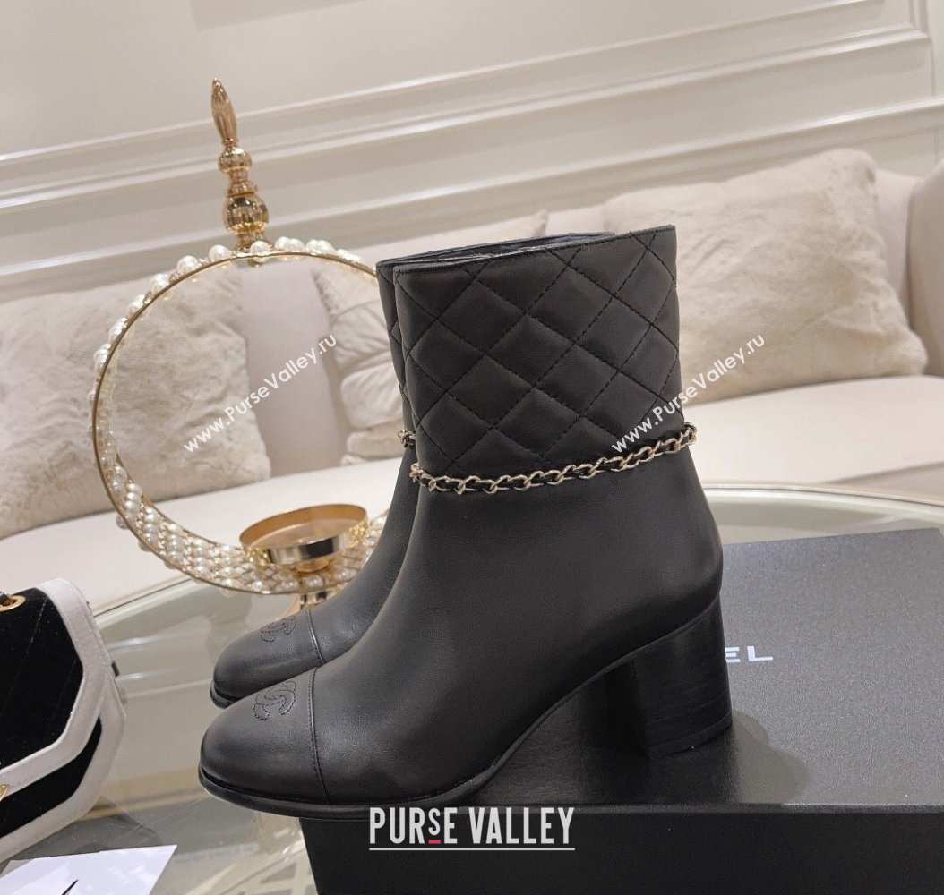 Chanel Quilted Calfskin Heel Ankle Boots with Chain Black 2024 CH112007 (MD-241120054)