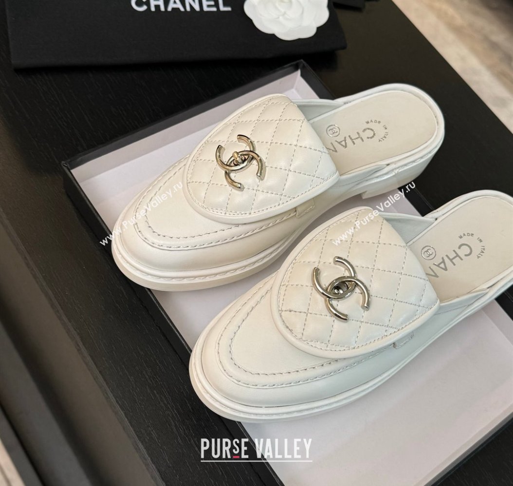 Chanel Calfskin Flat Mules with Quilted CC Foldover G45474 White2 2024 (MD-241120062)