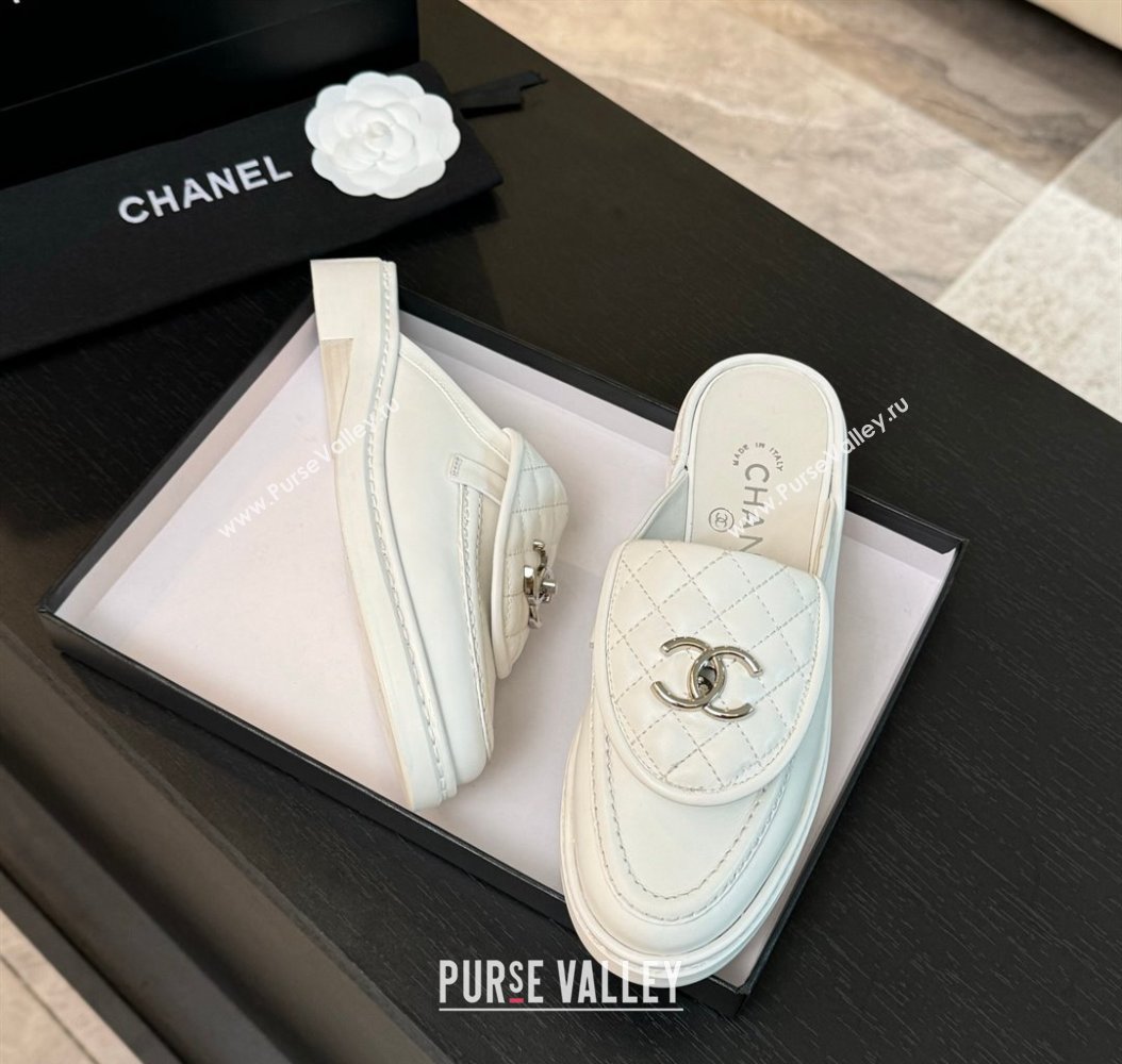 Chanel Calfskin Flat Mules with Quilted CC Foldover G45474 White2 2024 (MD-241120062)