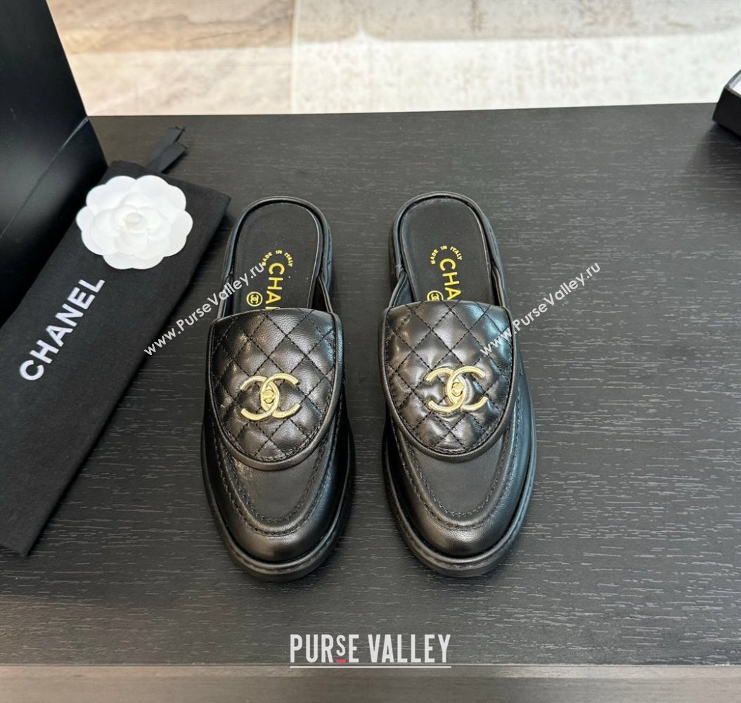 Chanel Calfskin Flat Mules with Quilted CC Foldover G45474 Black/Gold 2024 (MD-241120066)