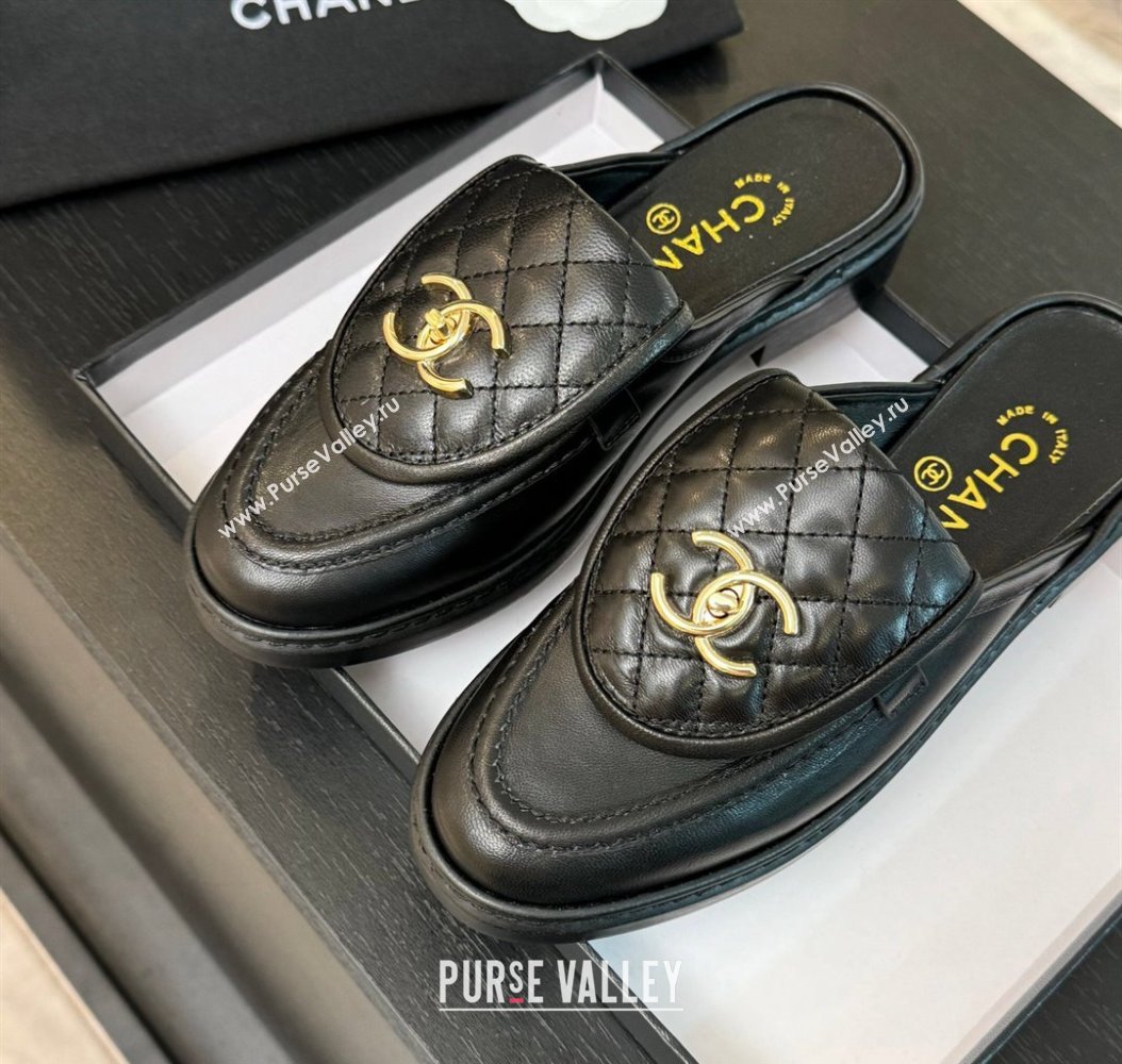 Chanel Calfskin Flat Mules with Quilted CC Foldover G45474 Black/Gold 2024 (MD-241120066)