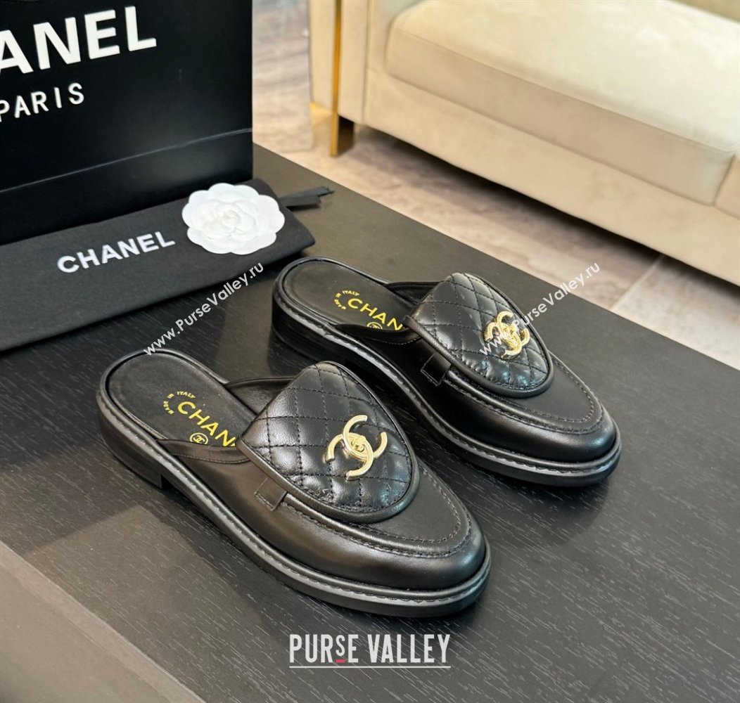 Chanel Calfskin Flat Mules with Quilted CC Foldover G45474 Black/Gold 2024 (MD-241120066)