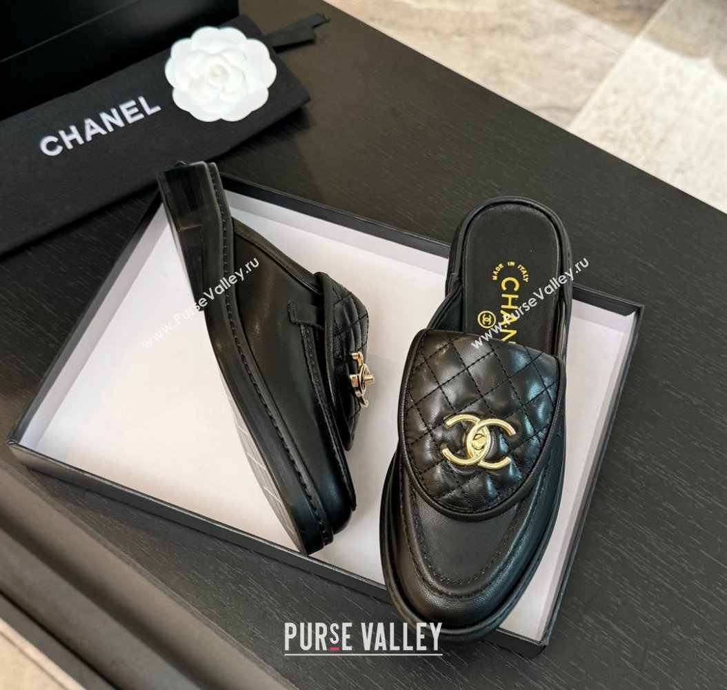 Chanel Calfskin Flat Mules with Quilted CC Foldover G45474 Black/Gold 2024 (MD-241120066)