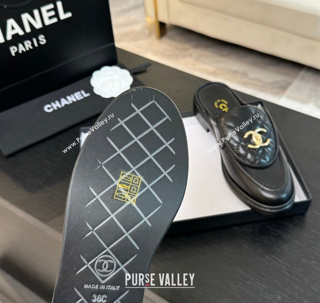 Chanel Calfskin Flat Mules with Quilted CC Foldover G45474 Black/Gold 2024 (MD-241120066)