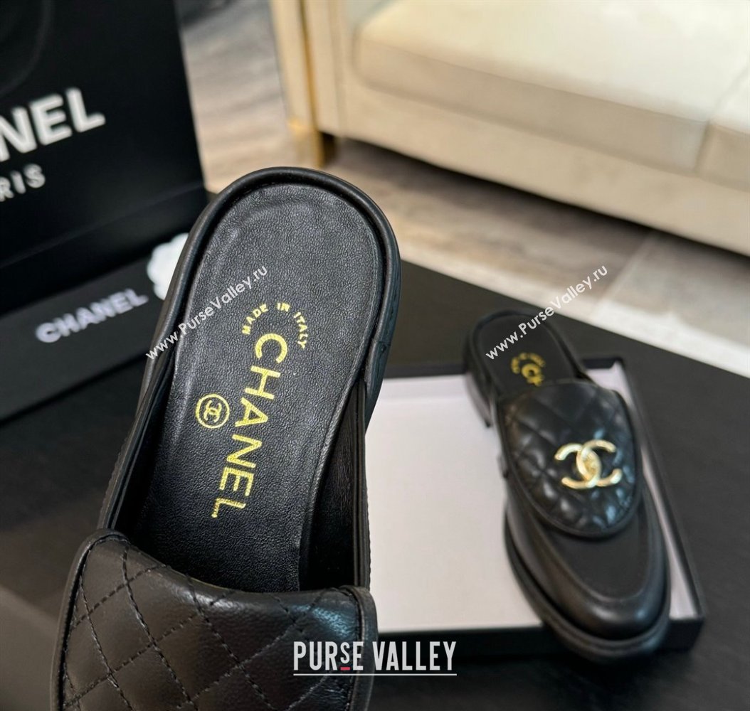 Chanel Calfskin Flat Mules with Quilted CC Foldover G45474 Black/Gold 2024 (MD-241120066)