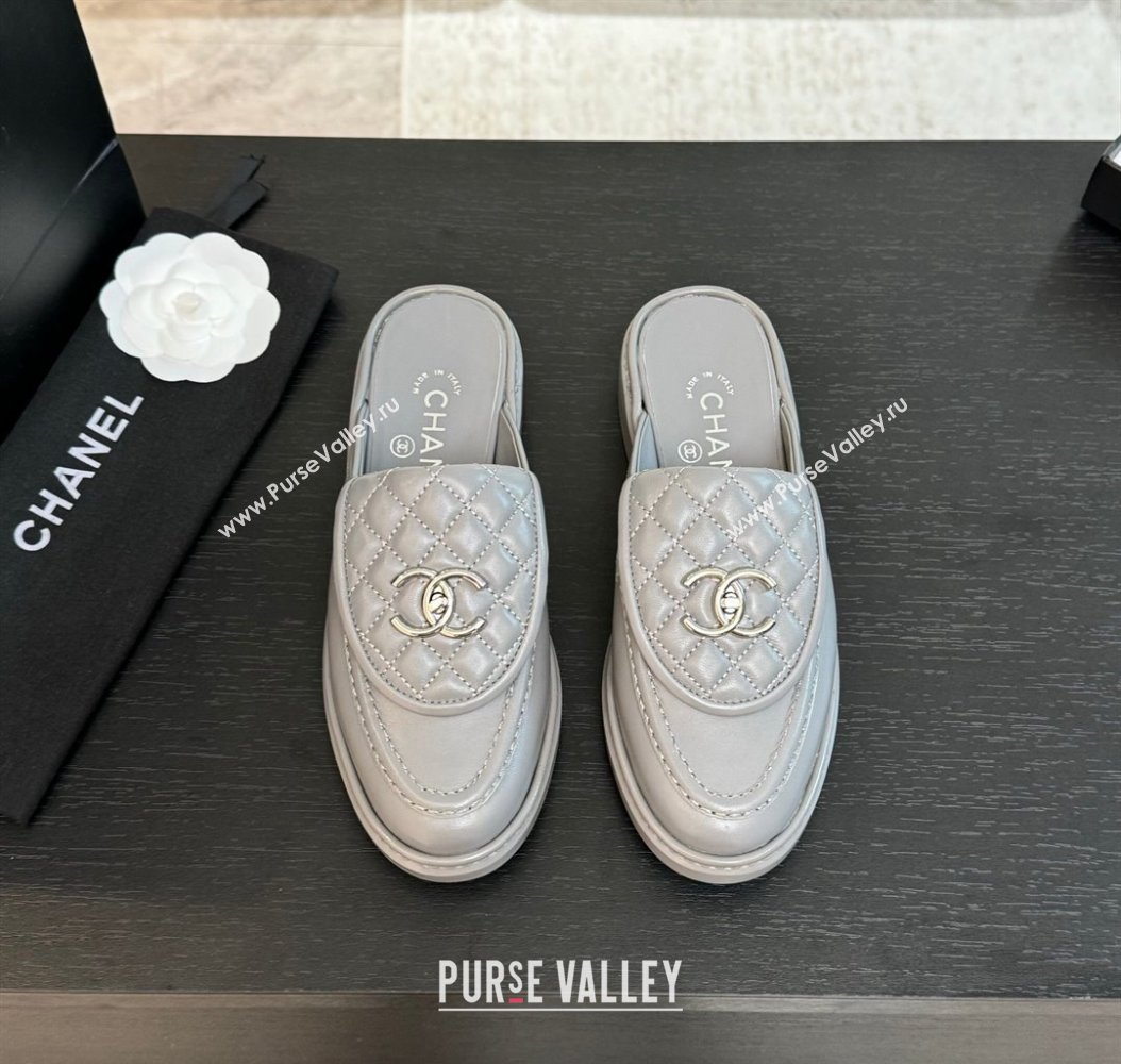 Chanel Calfskin Flat Mules with Quilted CC Foldover G45474 Grey/Silver 2024 (MD-241120067)