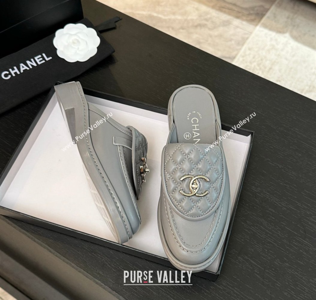 Chanel Calfskin Flat Mules with Quilted CC Foldover G45474 Grey/Silver 2024 (MD-241120067)