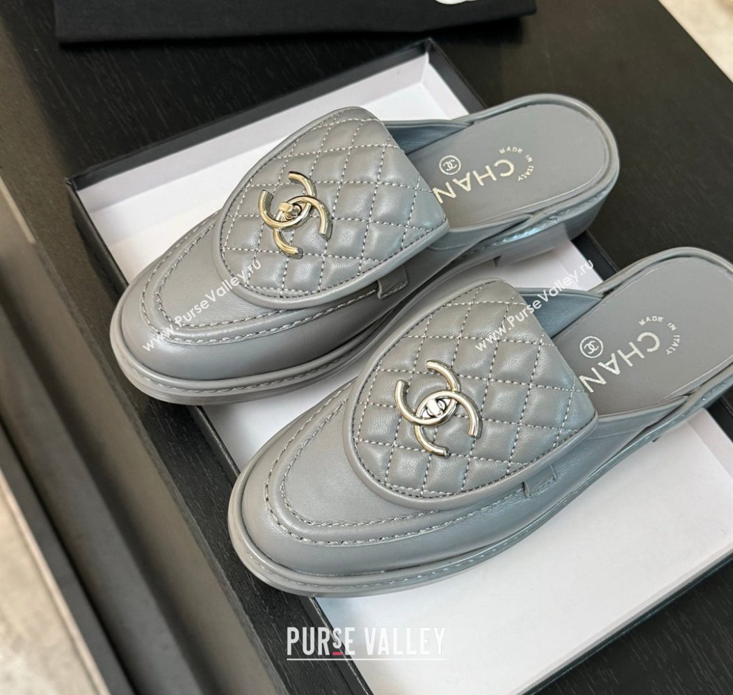 Chanel Calfskin Flat Mules with Quilted CC Foldover G45474 Grey/Silver 2024 (MD-241120067)