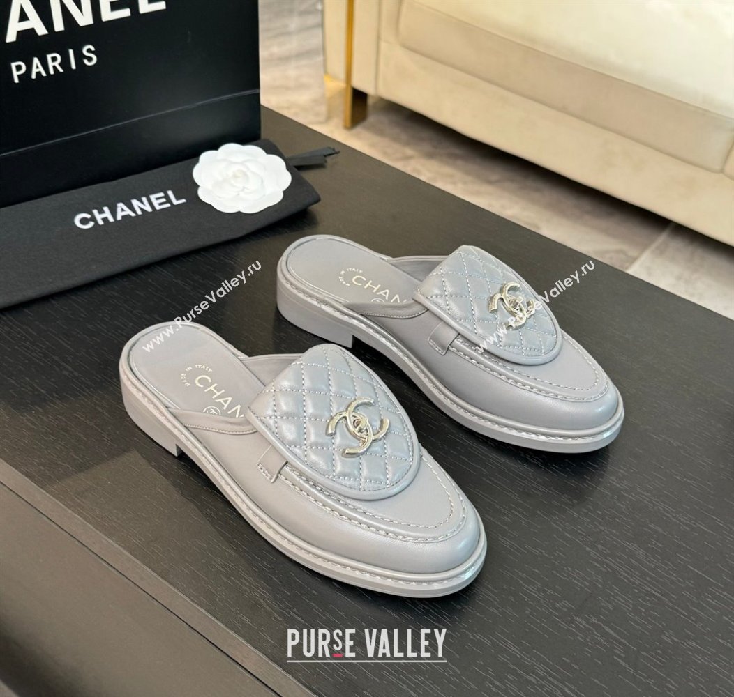 Chanel Calfskin Flat Mules with Quilted CC Foldover G45474 Grey/Silver 2024 (MD-241120067)