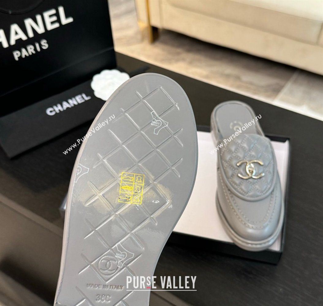 Chanel Calfskin Flat Mules with Quilted CC Foldover G45474 Grey/Silver 2024 (MD-241120067)