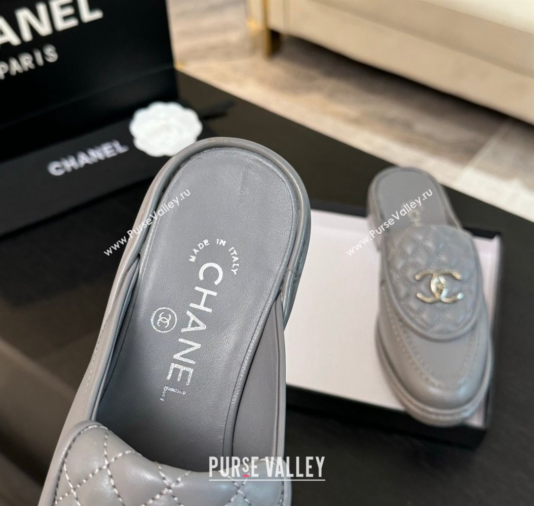 Chanel Calfskin Flat Mules with Quilted CC Foldover G45474 Grey/Silver 2024 (MD-241120067)