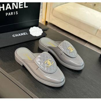 Chanel Calfskin Flat Mules with Quilted CC Foldover G45474 Grey/Gold 2024 (MD-241120069)