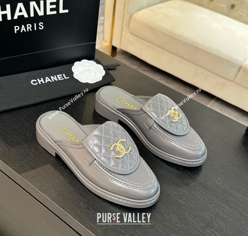 Chanel Calfskin Flat Mules with Quilted CC Foldover G45474 Grey/Gold 2024 (MD-241120069)