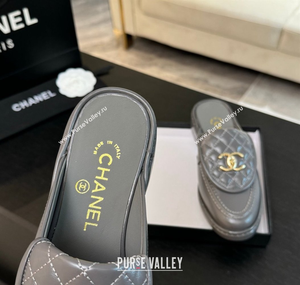 Chanel Calfskin Flat Mules with Quilted CC Foldover G45474 Grey/Gold 2024 (MD-241120069)