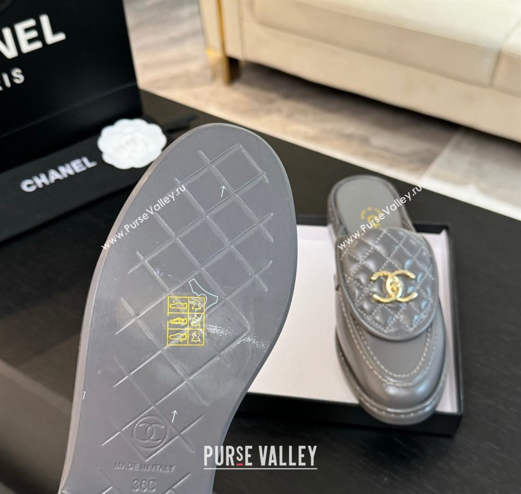 Chanel Calfskin Flat Mules with Quilted CC Foldover G45474 Grey/Gold 2024 (MD-241120069)