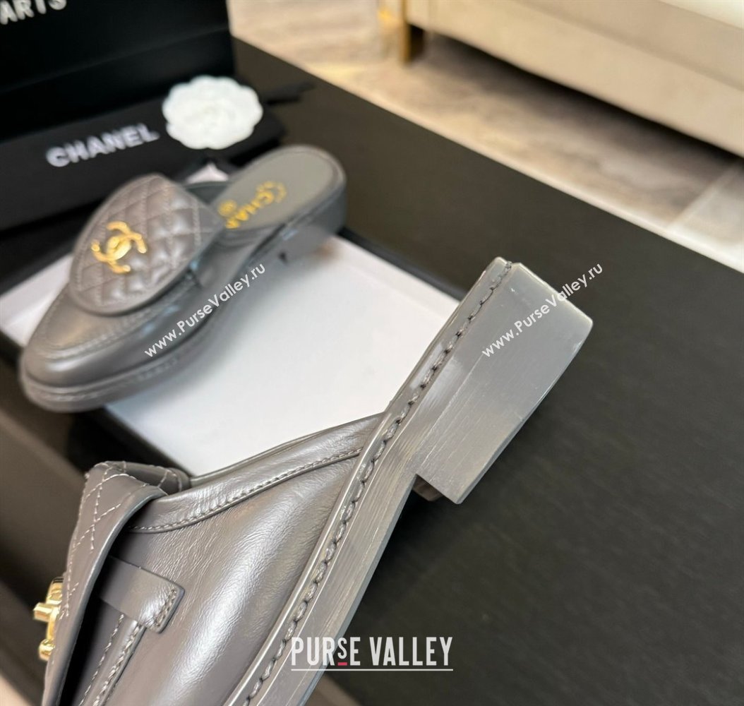 Chanel Calfskin Flat Mules with Quilted CC Foldover G45474 Grey/Gold 2024 (MD-241120069)