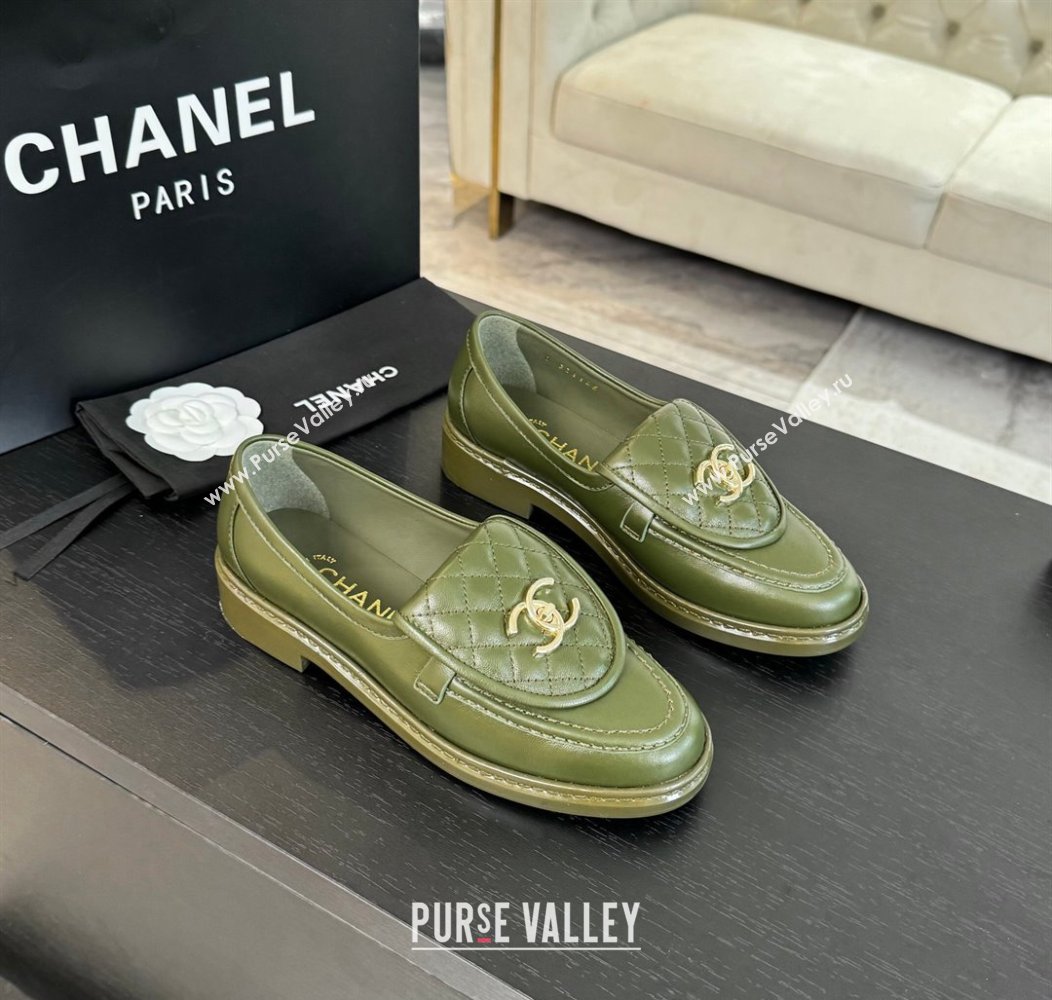 Chanel Calfskin Flat Loafers with Quilted CC Foldover G45474 Green 2024 (MD-241120077)