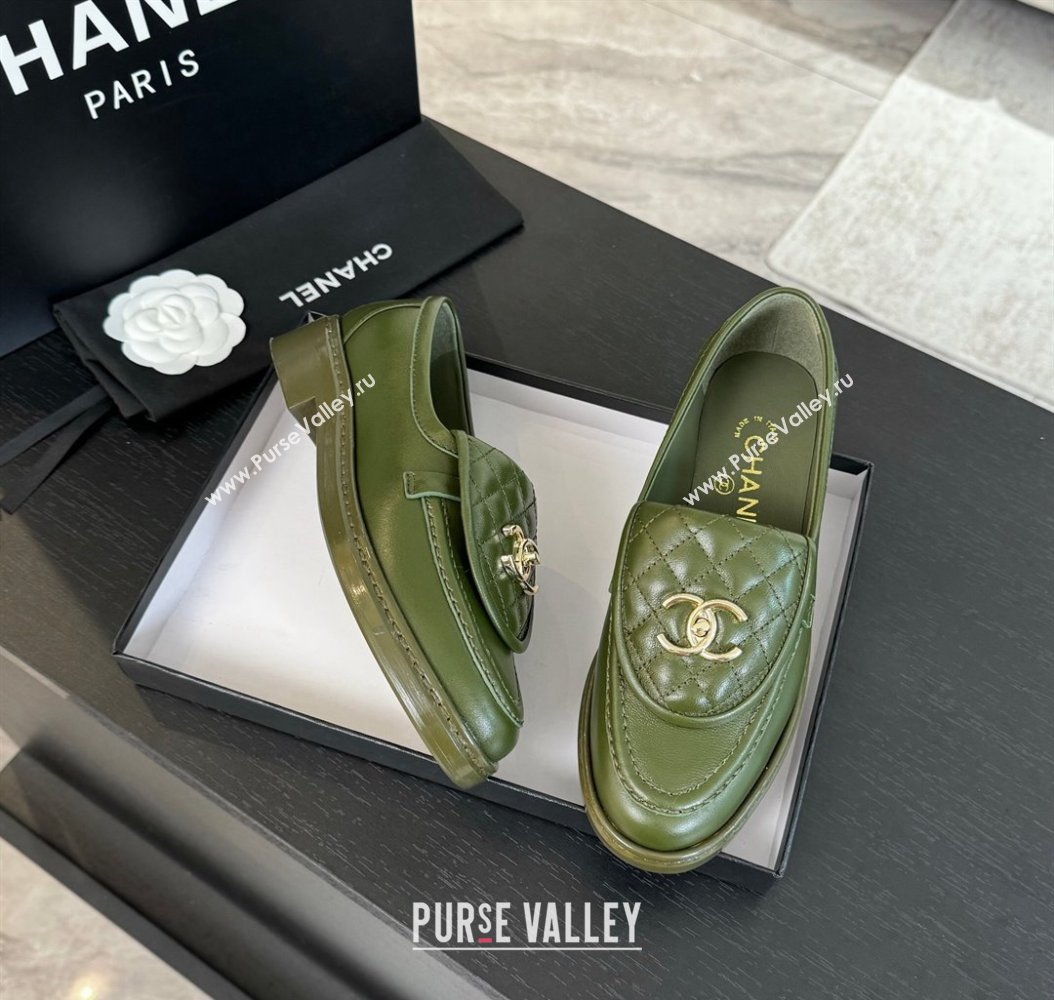 Chanel Calfskin Flat Loafers with Quilted CC Foldover G45474 Green 2024 (MD-241120077)