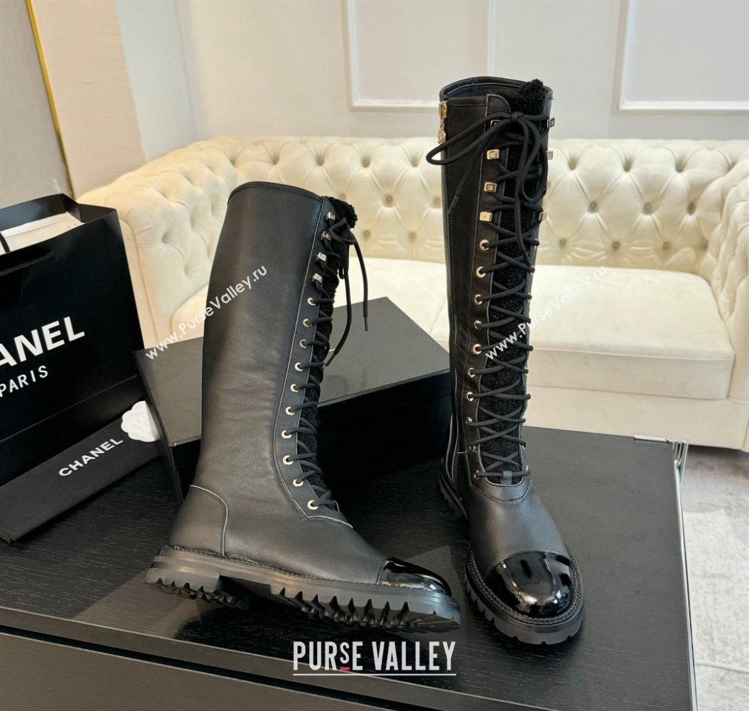 Chanel Calfskin Tweed Laced-up High Boots Black 2024 CH112009 (MD-241120102)