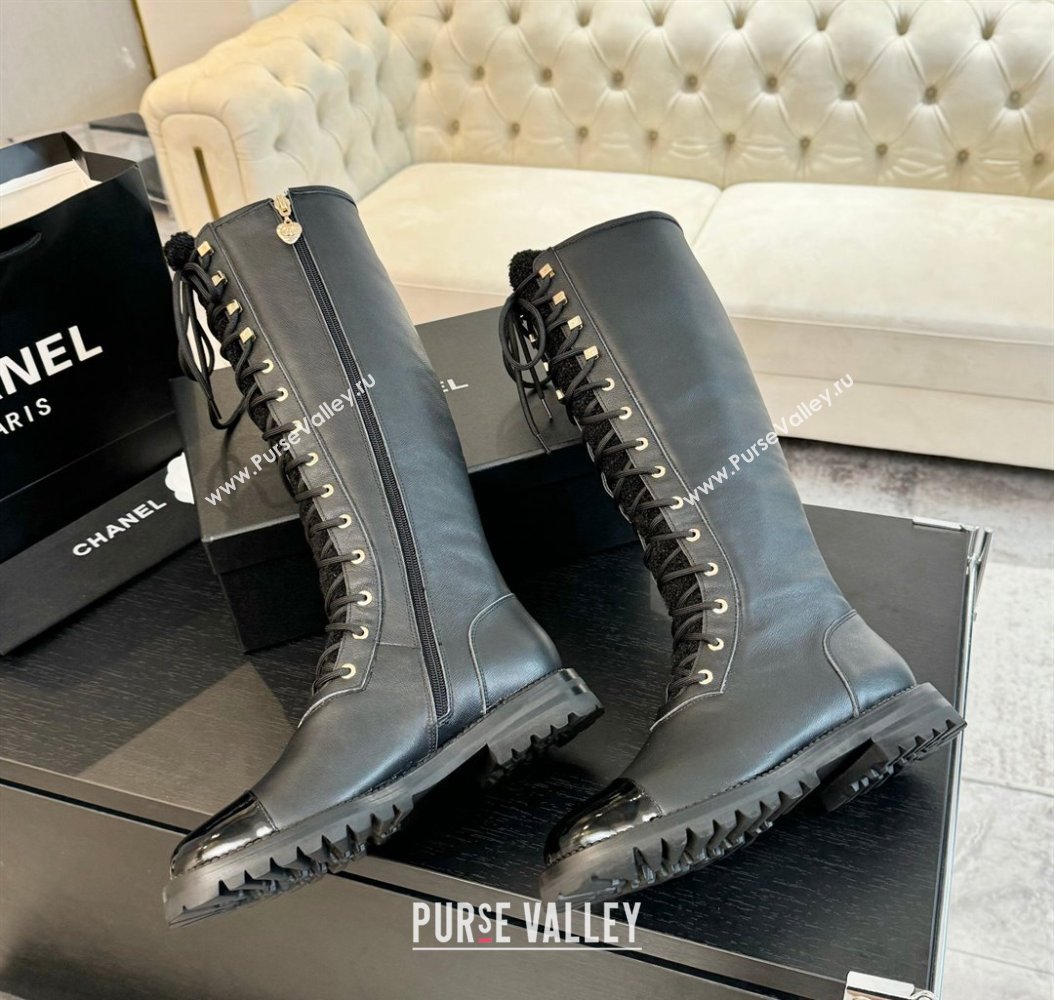 Chanel Calfskin Tweed Laced-up High Boots Black 2024 CH112009 (MD-241120102)