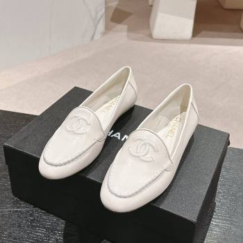 Chanel Calfskin Loafers Flat with One-Tone CC White 2024 CH112003 (KL-2411120009)