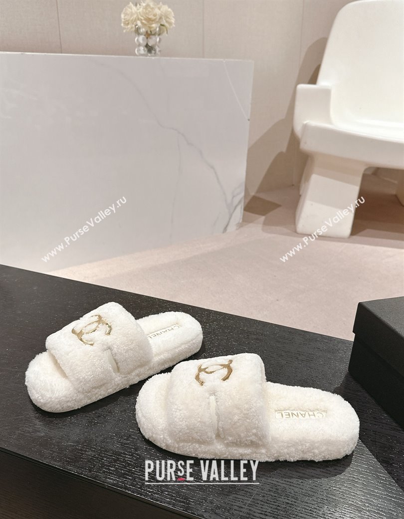 Chanel Shearling Wool Platform Slides Sandal with Gold-Tone CC White 2024 CH112101 (KL-241121001)