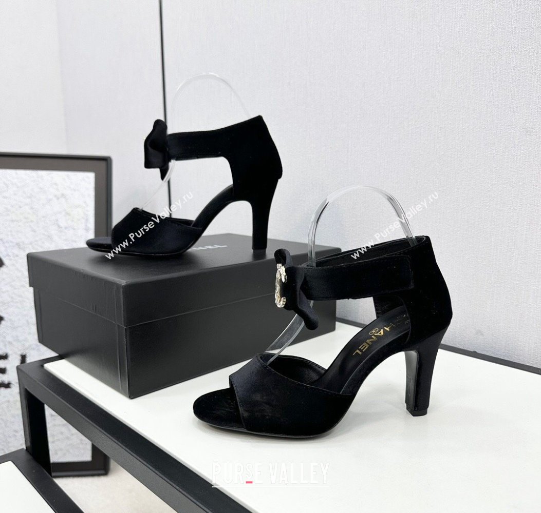 Chanel Velvet Heel Sandals 9.5cm with Strass CC Bow and Ankle Strap Black 2024 G46019 (KL-241121009)