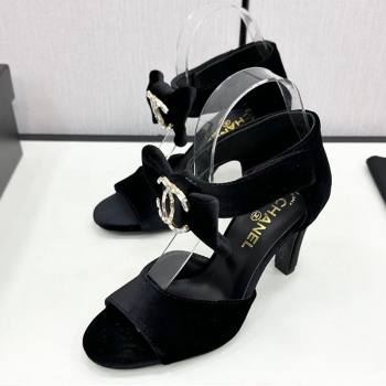 Chanel Velvet Heel Sandals 9.5cm with Strass CC Bow and Ankle Strap Black 2024 G46019 (KL-241121009)