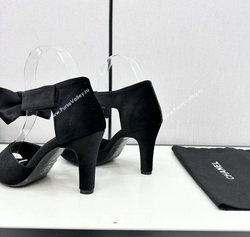 Chanel Velvet Heel Sandals 9.5cm with Strass CC Bow and Ankle Strap Black 2024 G46019 (KL-241121009)