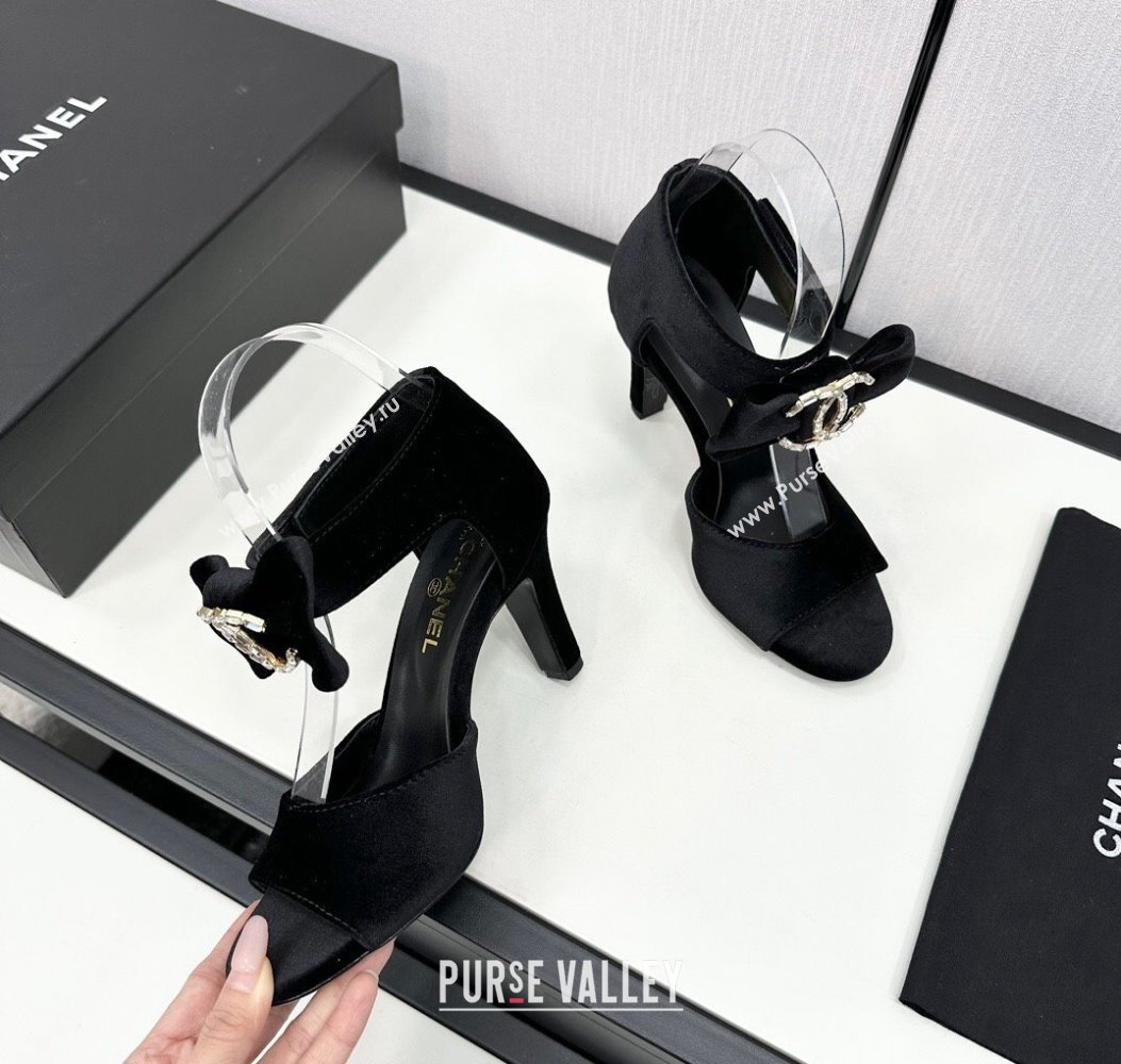 Chanel Velvet Heel Sandals 9.5cm with Strass CC Bow and Ankle Strap Black 2024 G46019 (KL-241121009)