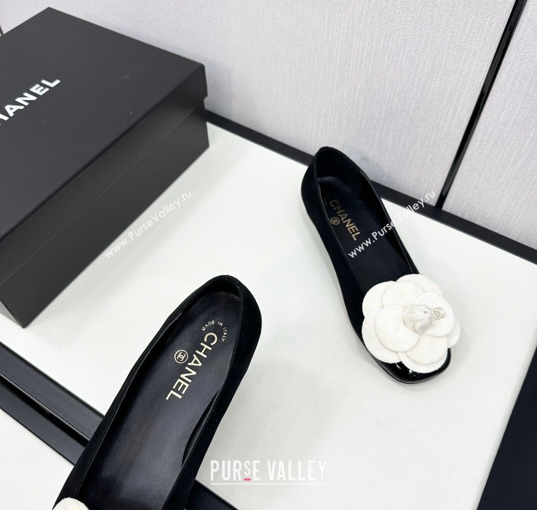 Chanel Suede Ballet Flats with Camellia Bloom Black/White 2024 CH112104 (KL-241121023)