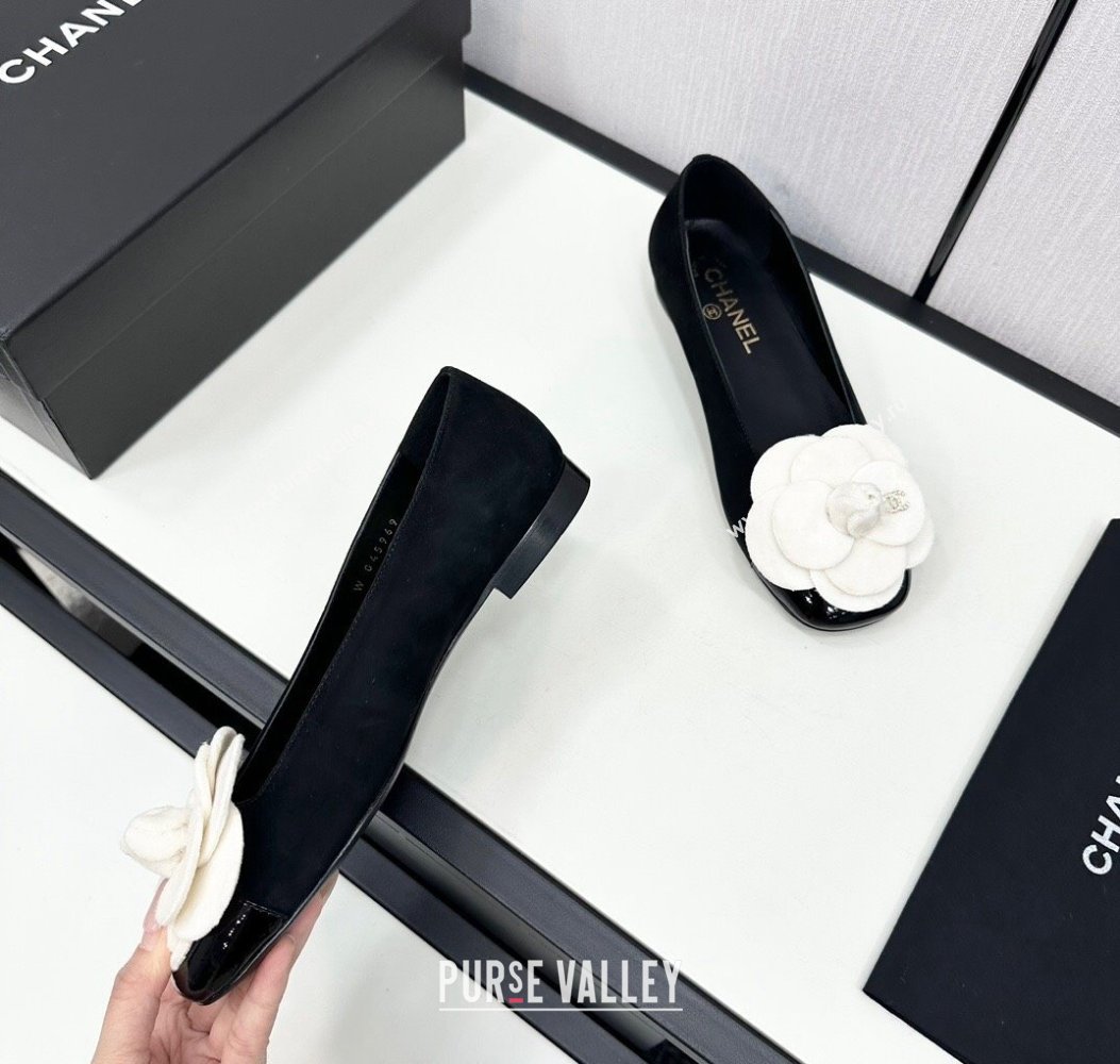 Chanel Suede Ballet Flats with Camellia Bloom Black/White 2024 CH112104 (KL-241121023)