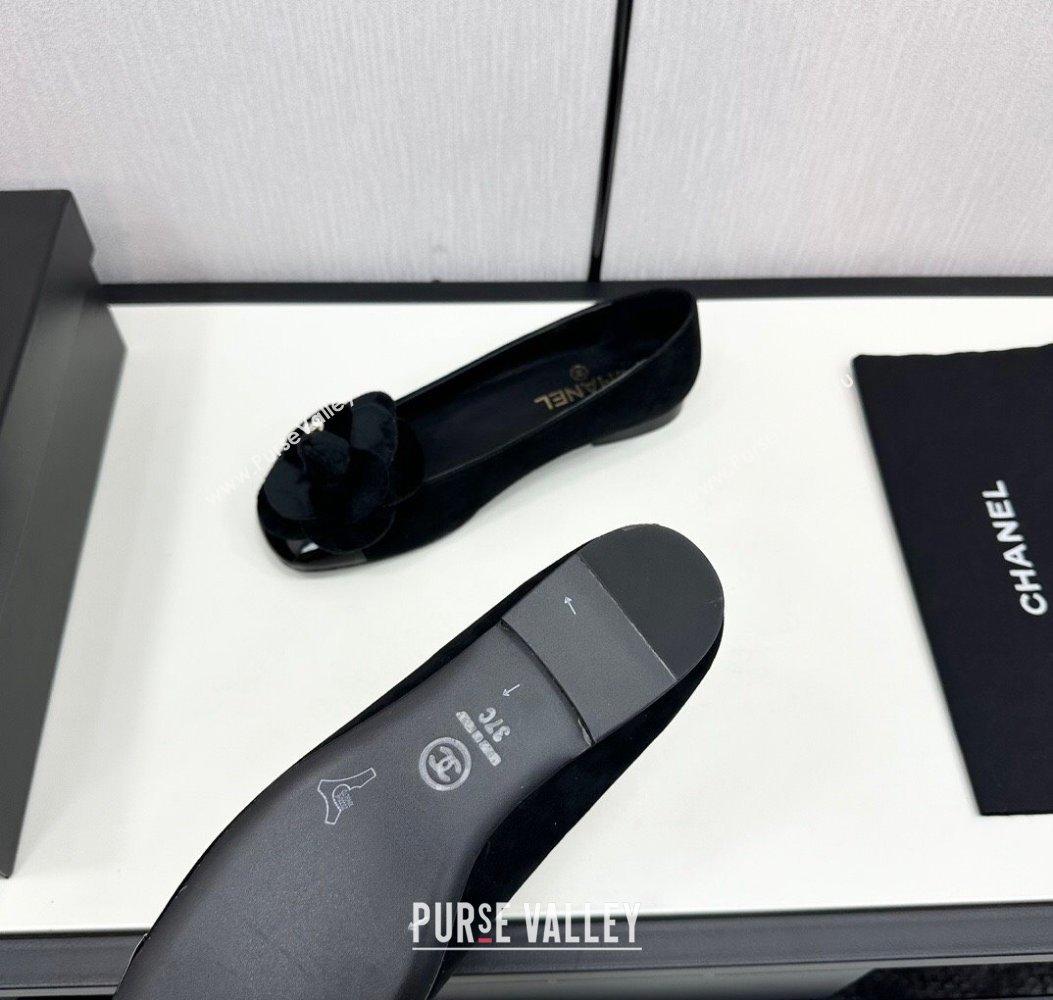 Chanel Suede Ballet Flats with Camellia Bloom Black2 2024 CH112104 (KL-241121024)