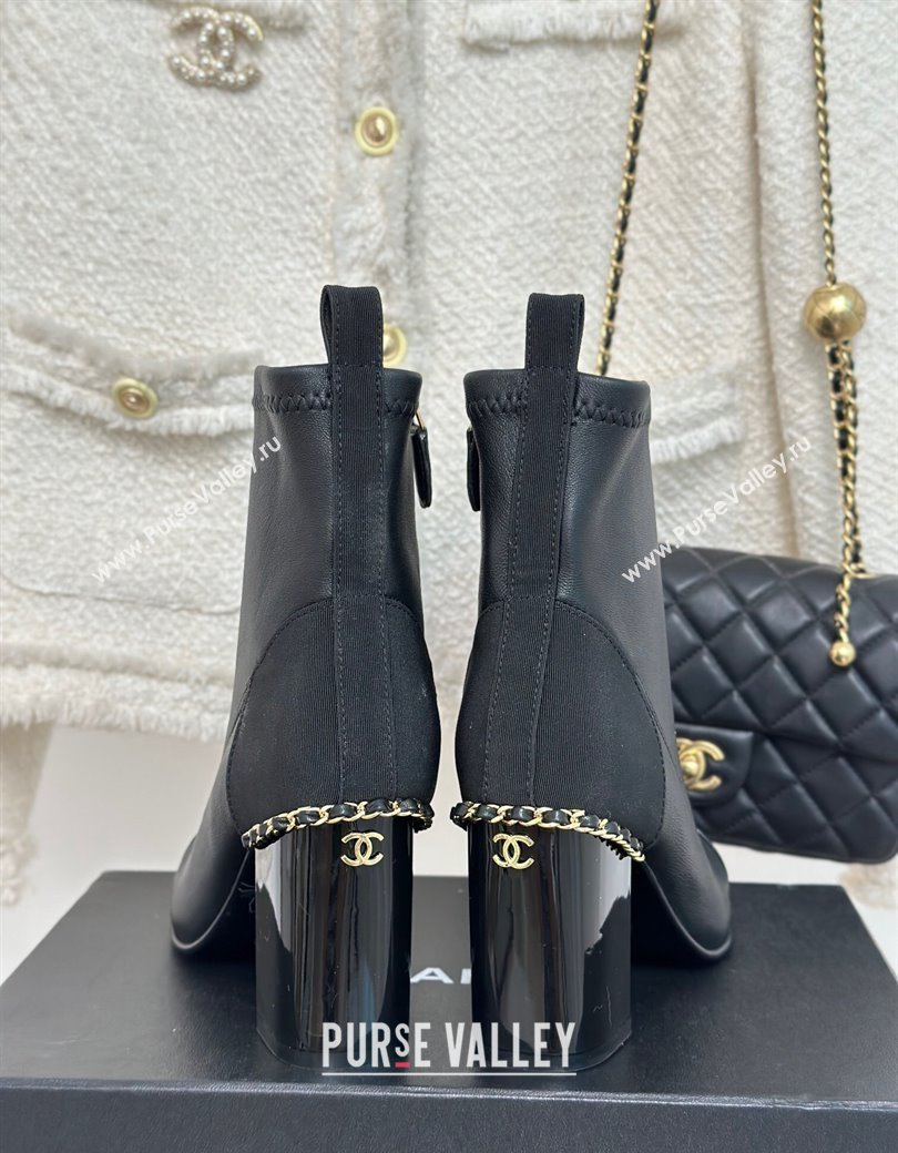 Chanel Calfskin Ankle Boots 8.5cm with Chain Black 2024 CH112107 (KL-241121042)