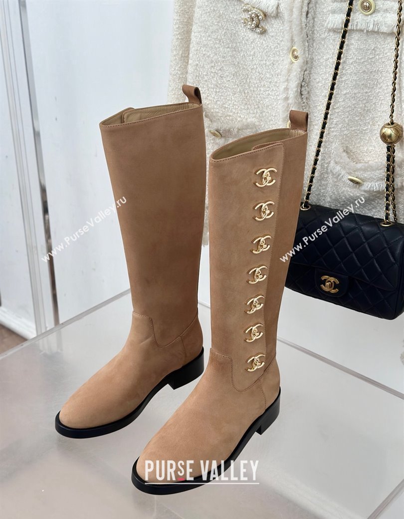 Chanel Suede High Boots 3cm with Side CC Studs Beige 2024 CH112110 (KL-241121056)